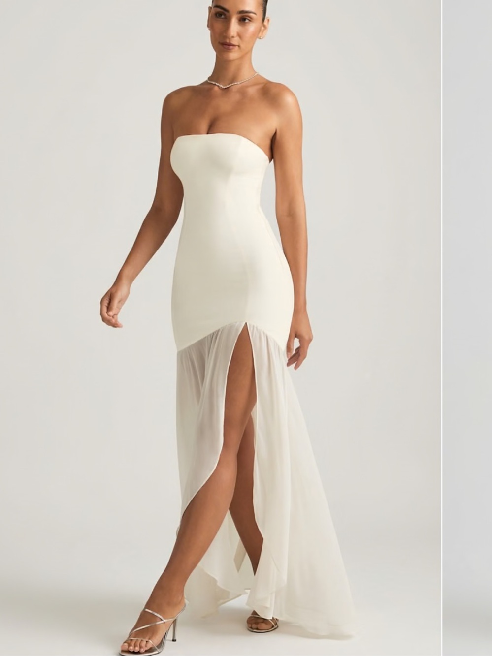 Oh Polly Strapless Ivory Sheer-Panel High-Slit Gown